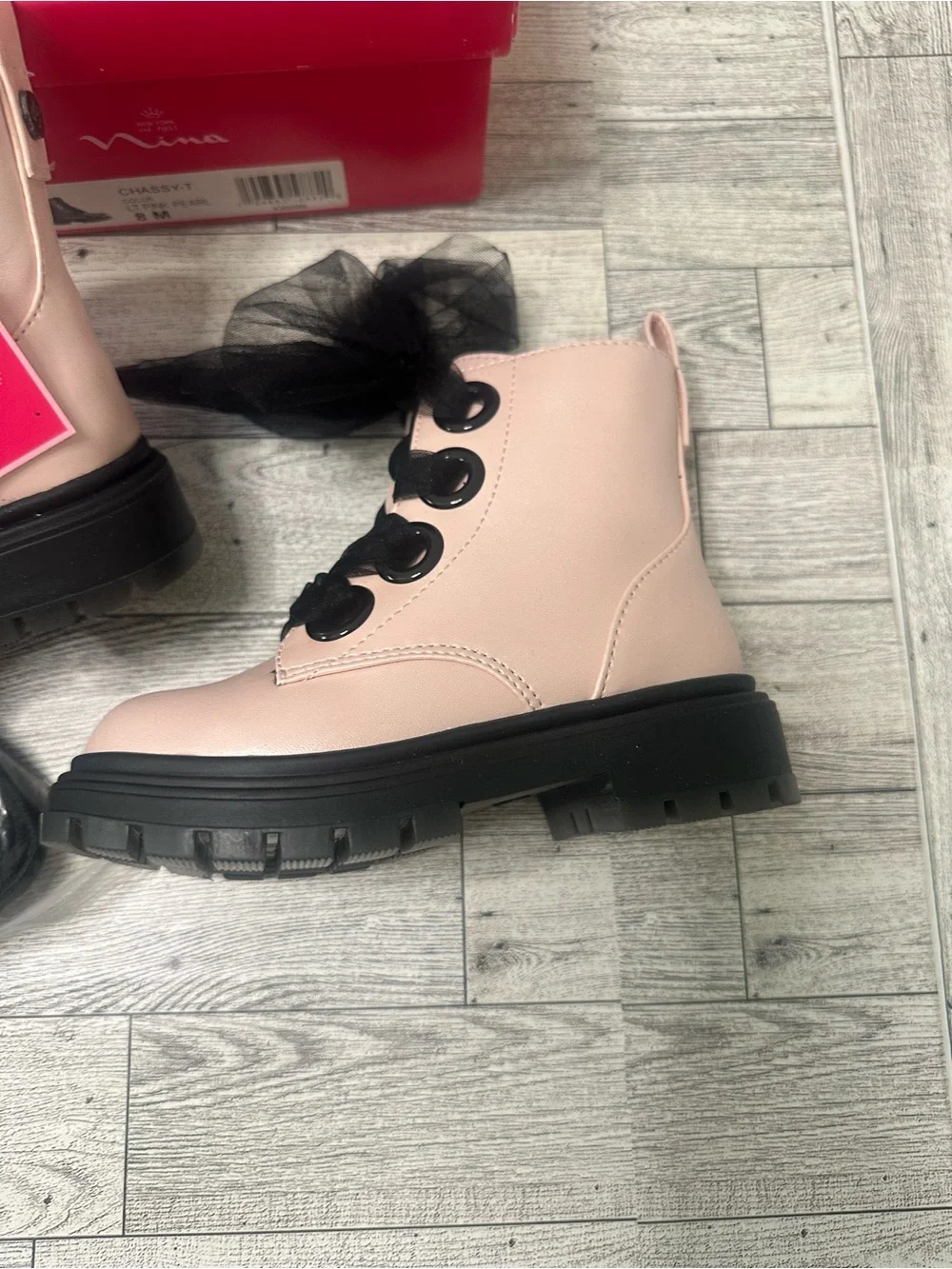 New! Nina Kids Pink Combat Boot with Black Tulle Bow side zipper size 8C